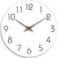 Minimalist white wood wall clock with black numbers and brown hands