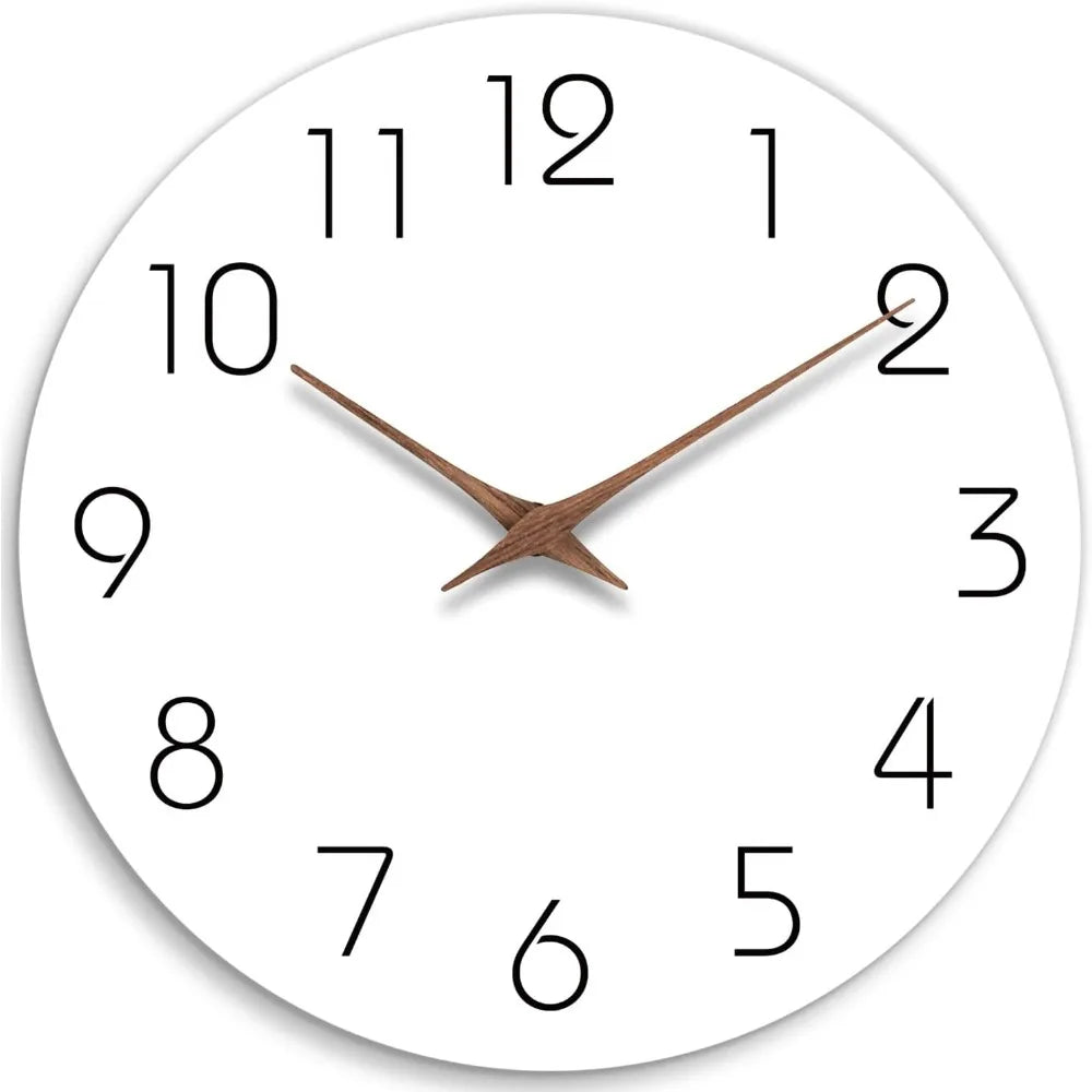 Minimalist white wood wall clock with black numbers and brown hands