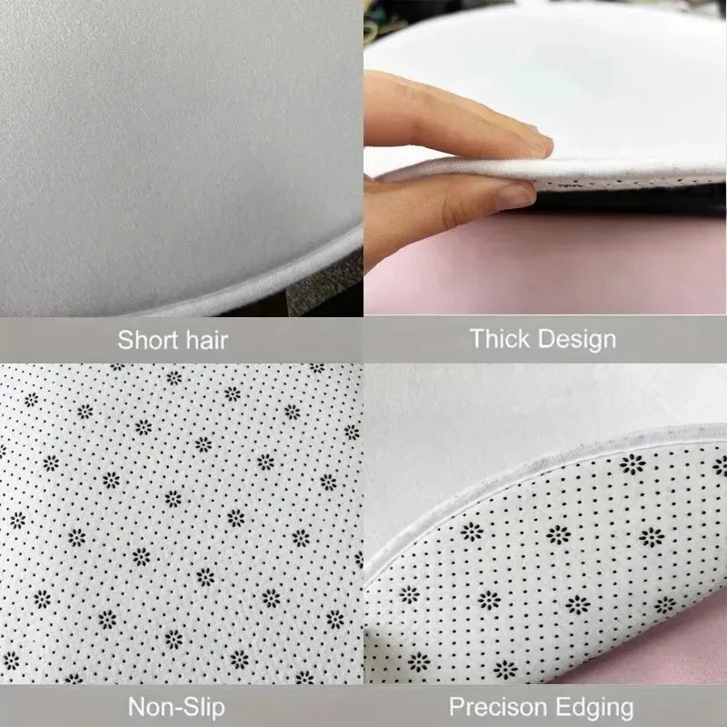 Close-up of flannel round rug with non-slip rubber backing and edging