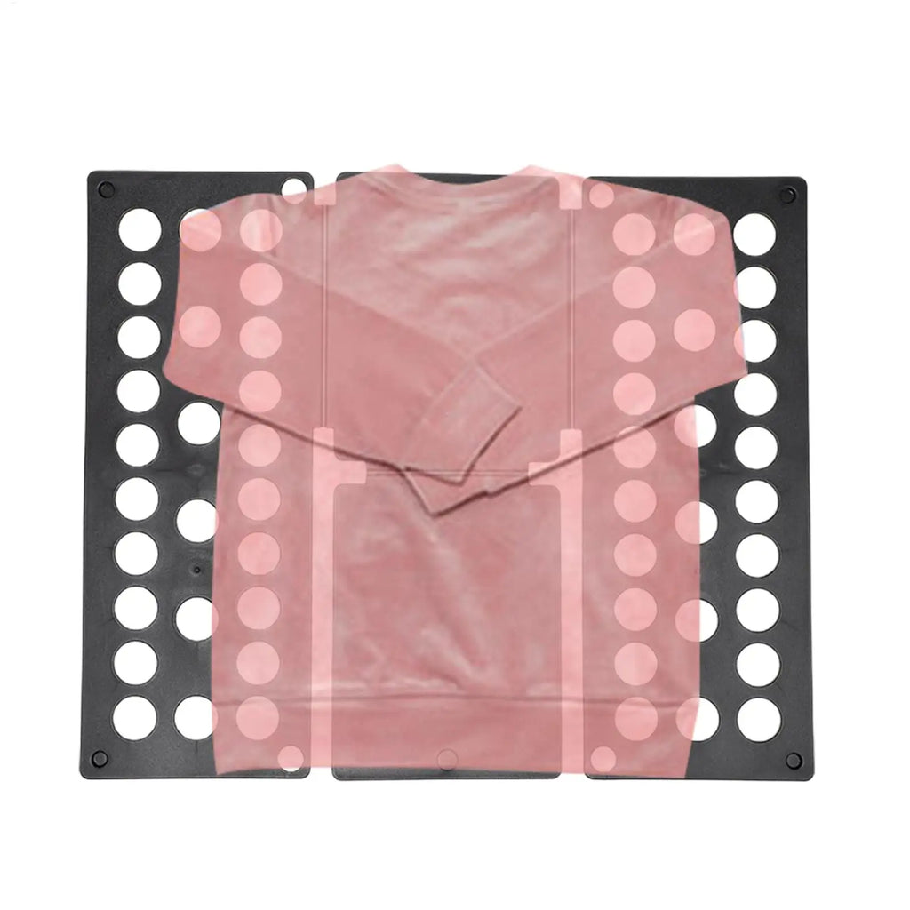Folding board with a pink sweatshirt shown as a folding guide overlay