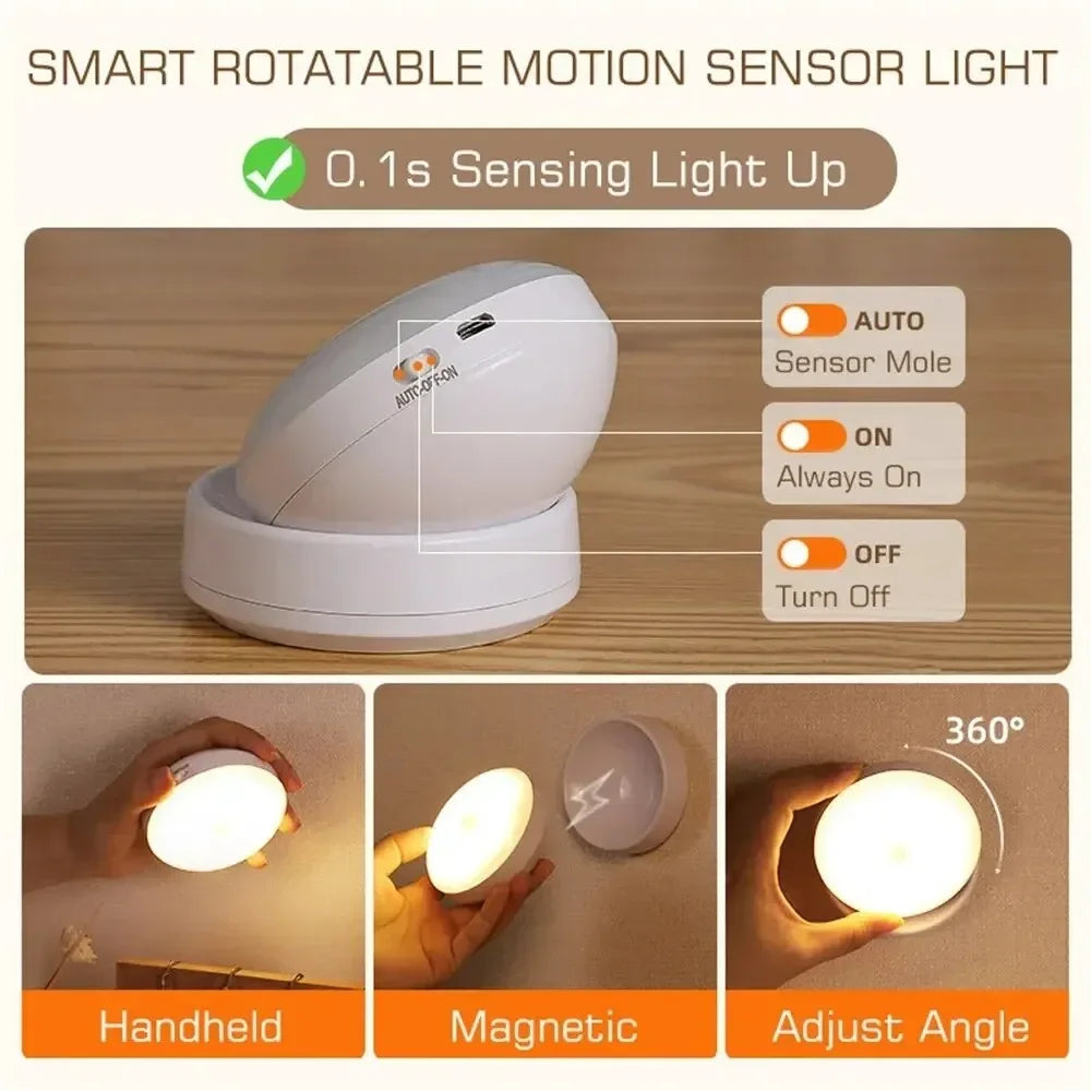 Rotatable motion sensor night light on wood surface, with option switches and handheld, magnetic, and adjustable use views