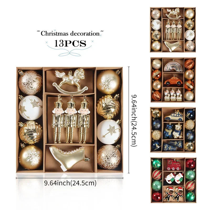 Christmas ornament sets in various colorways with 13 pieces each, shown in divided gift boxes, including gold, red-green, and blue character designs