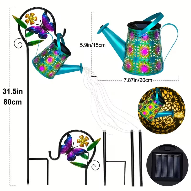 Meadowcrest Solar Butterfly Watering Can Lantern – Metal Garden Path Light