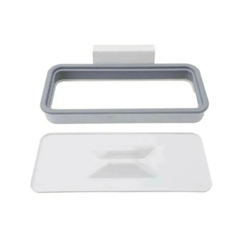 Disassembled view of trash bag holder with lid and main frame in grey and white