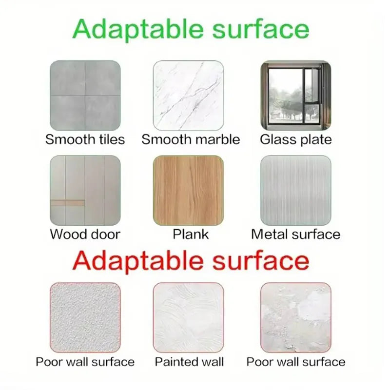 Surface compatibility chart for adhesive wall shelves: smooth tiles, marble, glass, finished wood, plank, metal vs. poor and painted walls