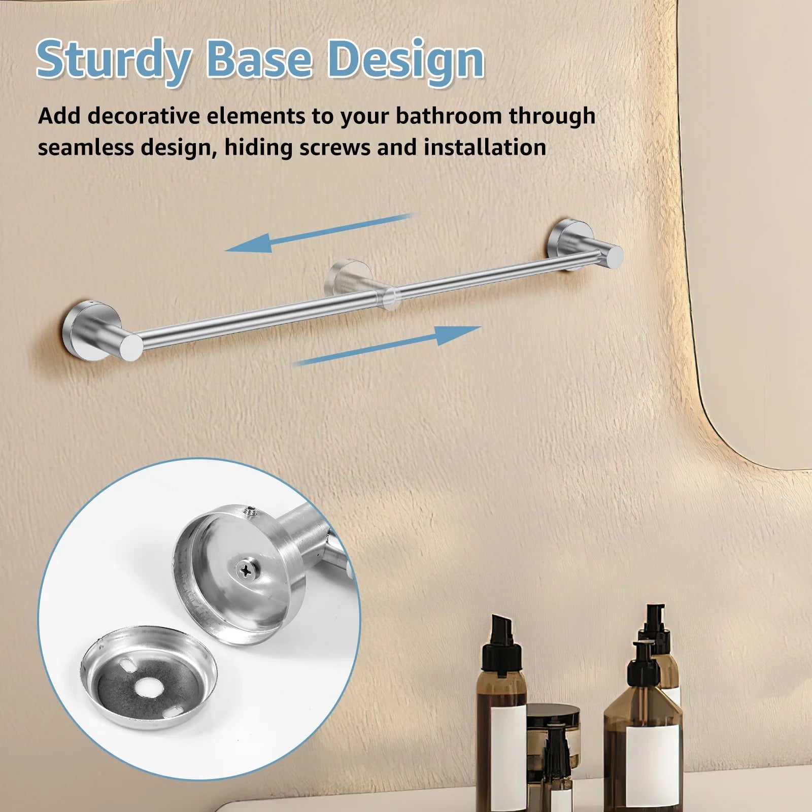 Silver towel bar with seamless round base design mounted on a bathroom wall