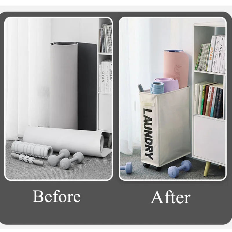 before and after of tidy yoga mat storage using slim rolling laundry basket