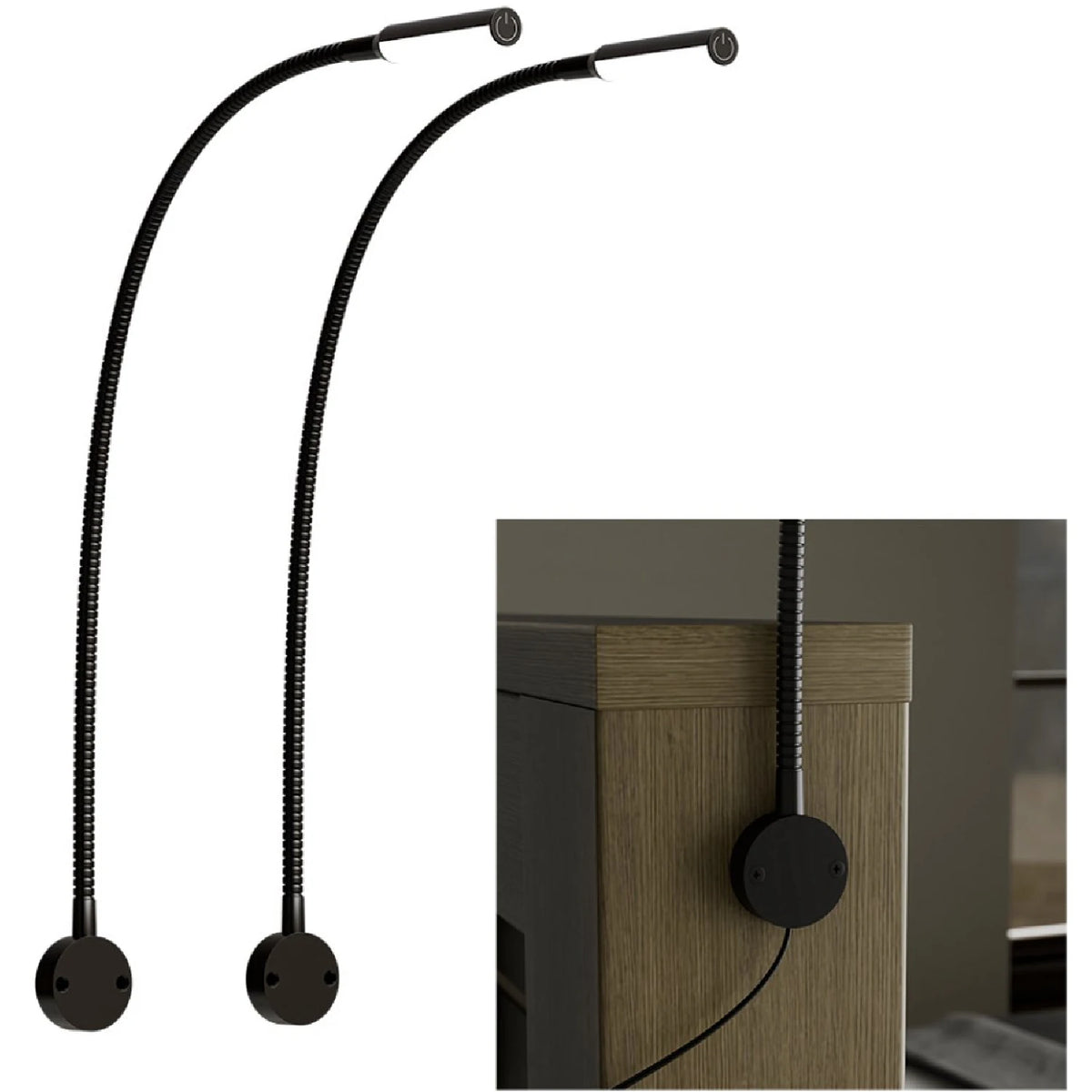 Set of two black flexible wall mounted reading lights with gooseneck arms and a close-up view of one mounted on a wooden headboard
