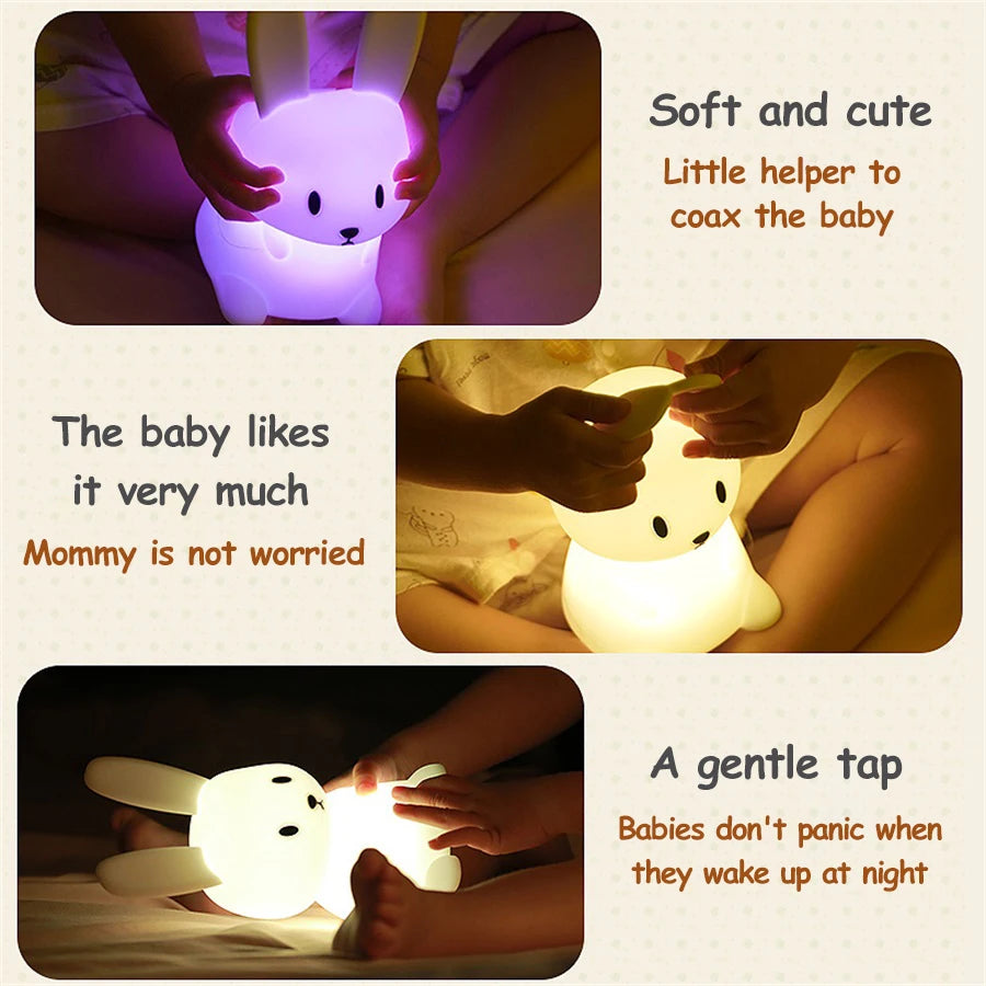 child holding and tapping a glowing bunny silicone night light