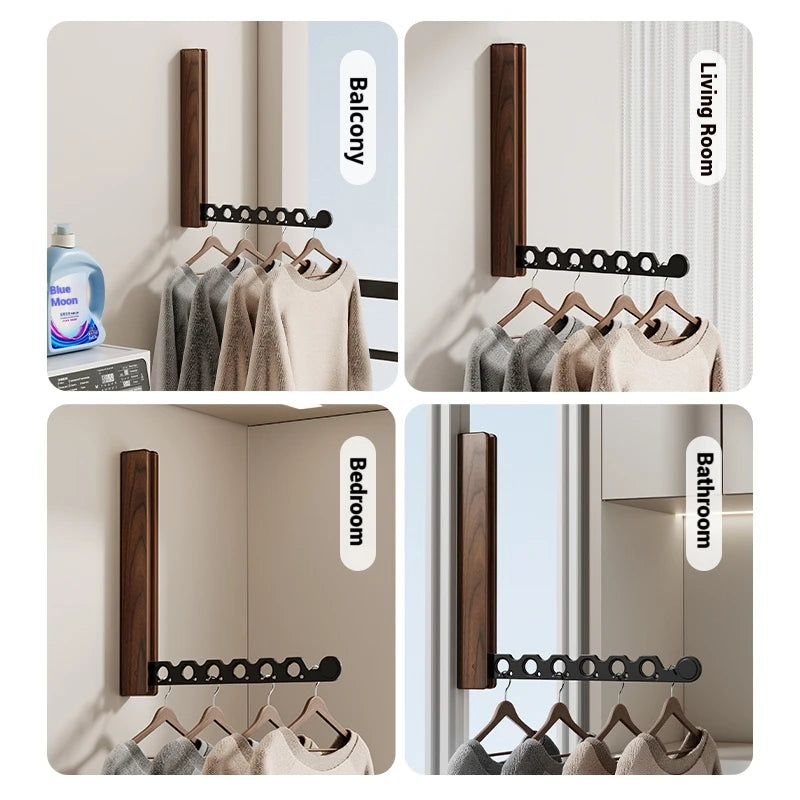 Wall-mounted drying rack shown installed in balcony, living room, bedroom, and bathroom settings