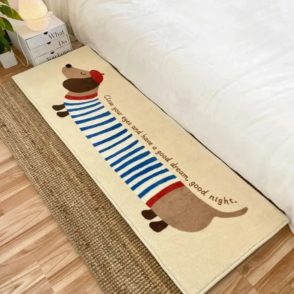 Animal runner rug with dachshund pattern placed beside a bed in a cozy bedroom