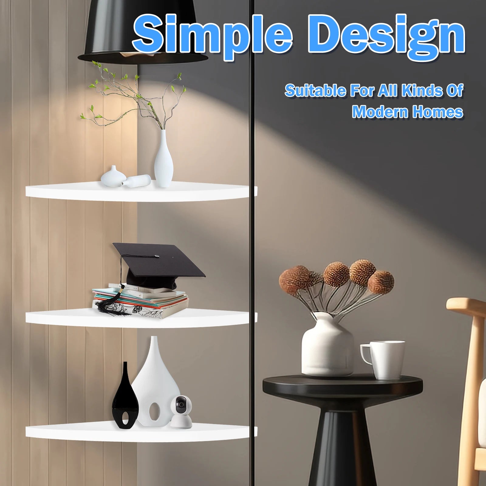 Set of 3 White Wall-Mounted Corner Shelves for Home Organization