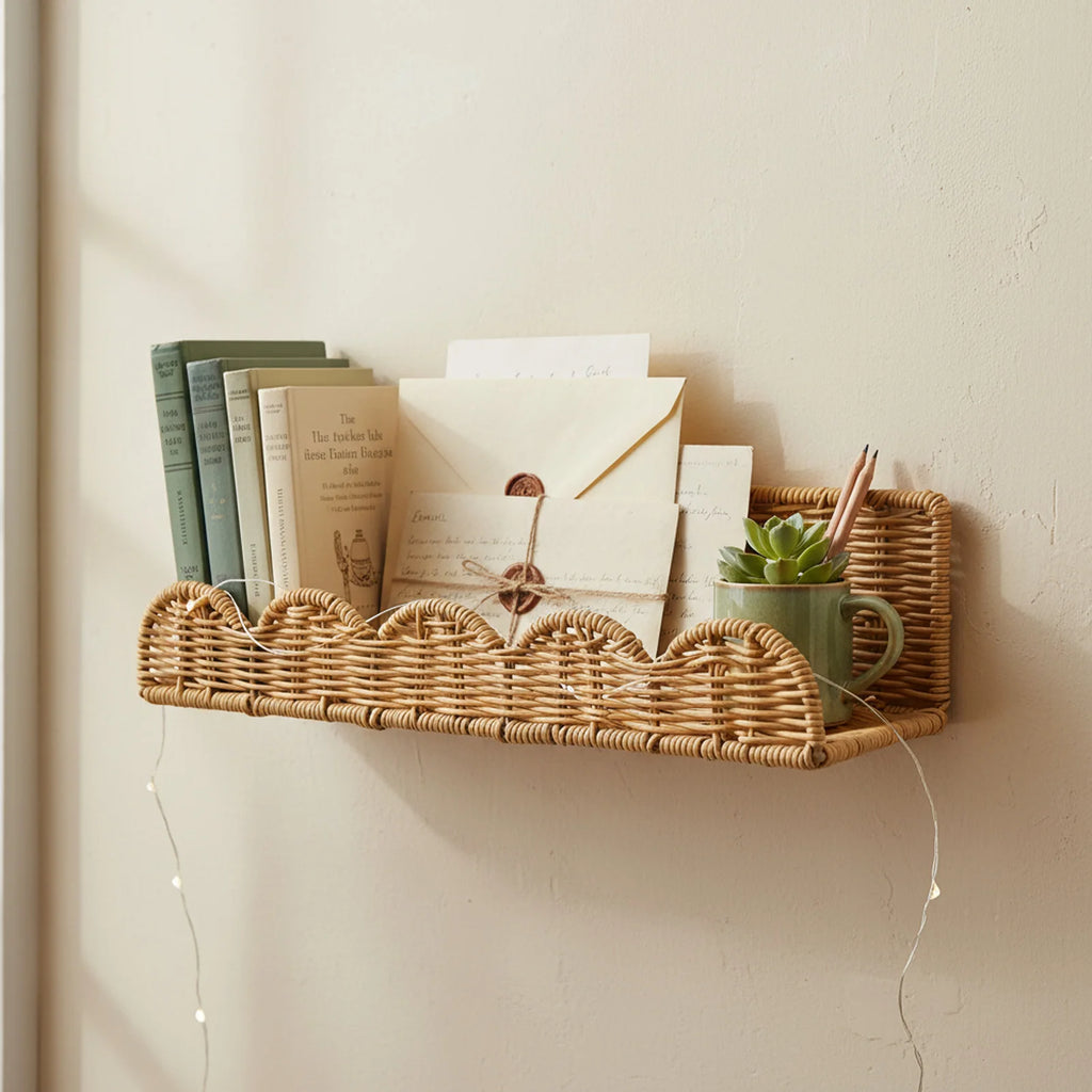 Woven wall basket shelf used to store books, letters, and a potted succulent in a cozy home office