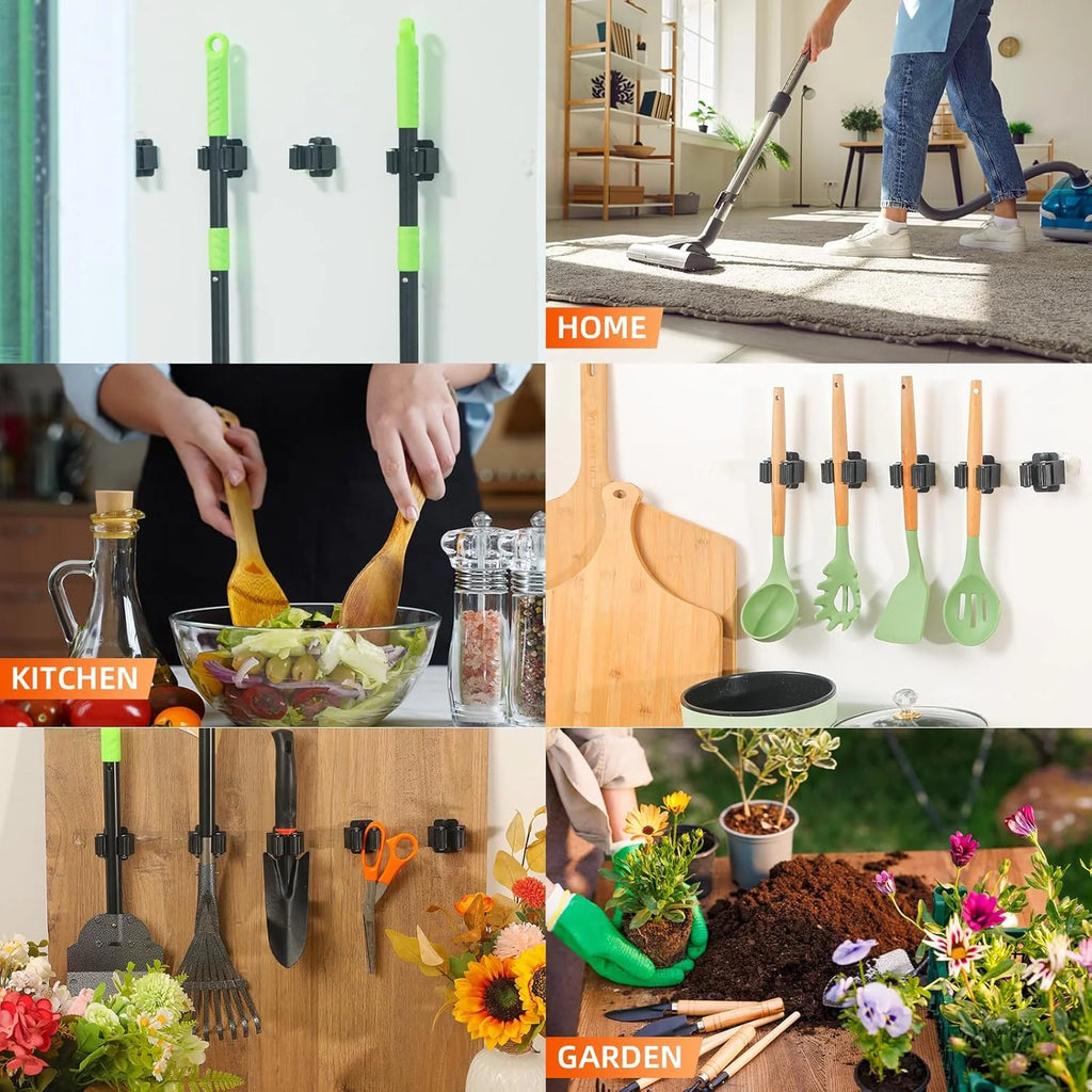 Wall-Mounted Broom & Mop Holder for Kitchen, Garage, or Garden