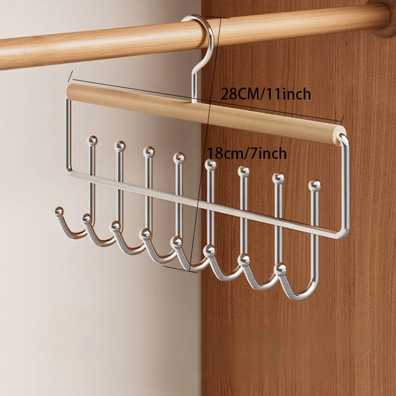 wood and metal hanging organizer rack with 8 hooks and size dimensions shown