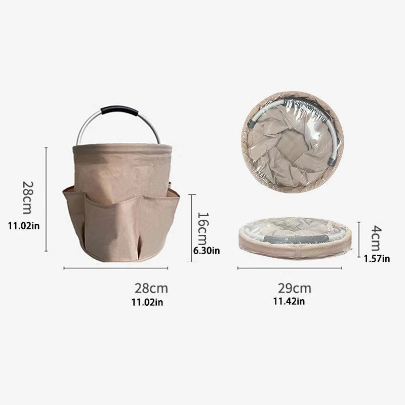 Beige foldable canvas basket with measurements, shown expanded and collapsed flat