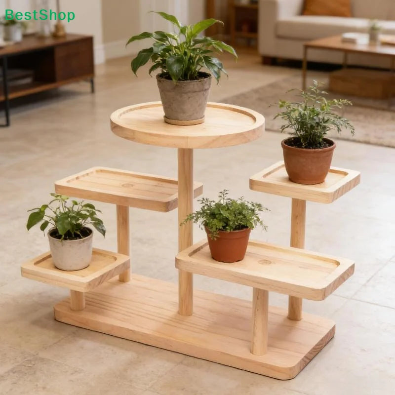 Natural wood 5-tier plant stand displayed in a living room setting with potted plants on each shelf
