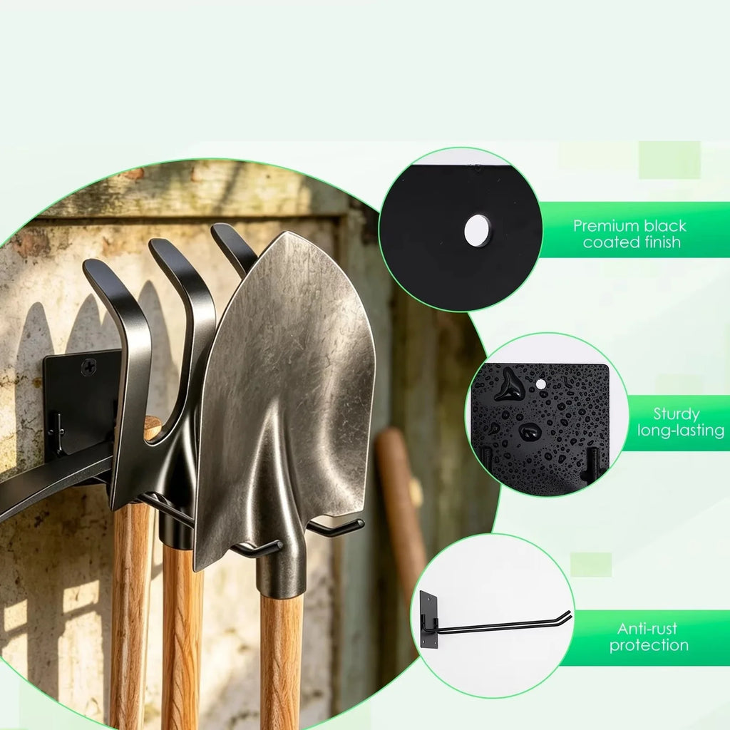 Wall-mounted iron garden tool rack detail showing shovels and rakes, close-ups of black coated finish and anti-rust features