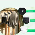 Wall-mounted iron garden tool rack detail showing shovels and rakes, close-ups of black coated finish and anti-rust features
