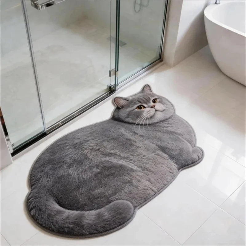 cat shaped bath mat placed in front of a shower in a modern bathroom