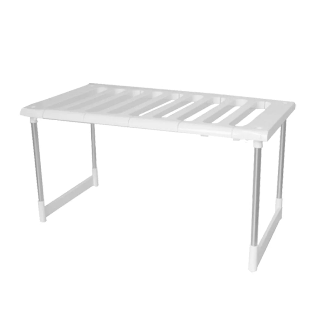 Expandable White Kitchen Counter Shelf Organizer – Adjustable Cabinet Storage for Pantry, Countertop & Small Appliances