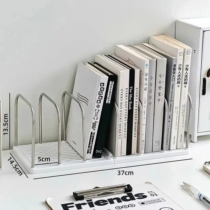 measurements of desktop bookshelf organizer with books displayed