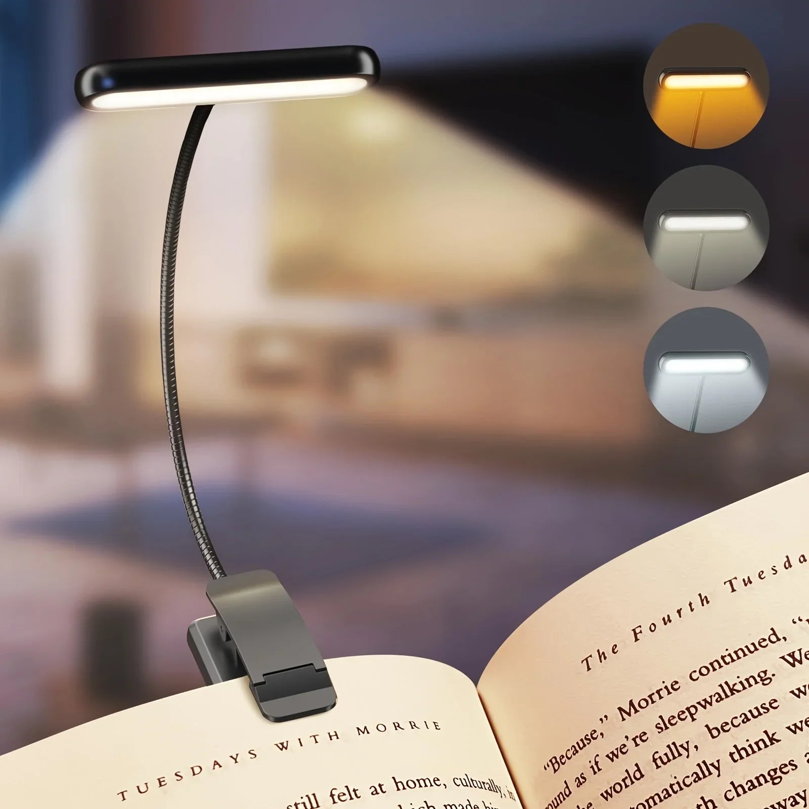 Black clip-on reading lamp with adjustable gooseneck and three color modes shown lighting an open book in a cozy bedroom.