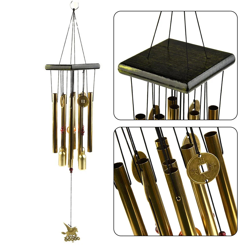 Full view of gold metal wind chime with inset details of top and hanging tubes