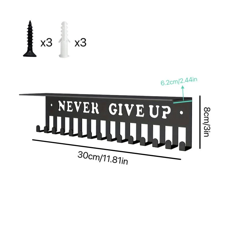 Side view of black iron medal rack with size measurements and included mounting hardware