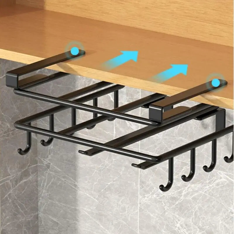 Empty black under shelf rack showing hook placement and how it slides onto a kitchen shelf