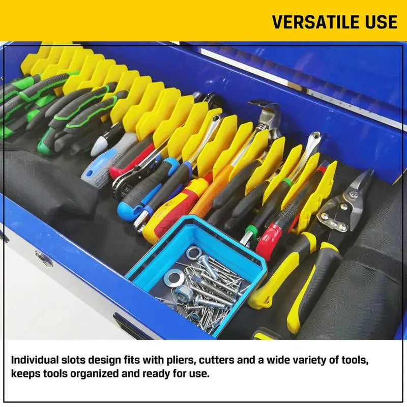 Yellow pliers rack in a toolbox drawer, holding various hand tools and pliers.