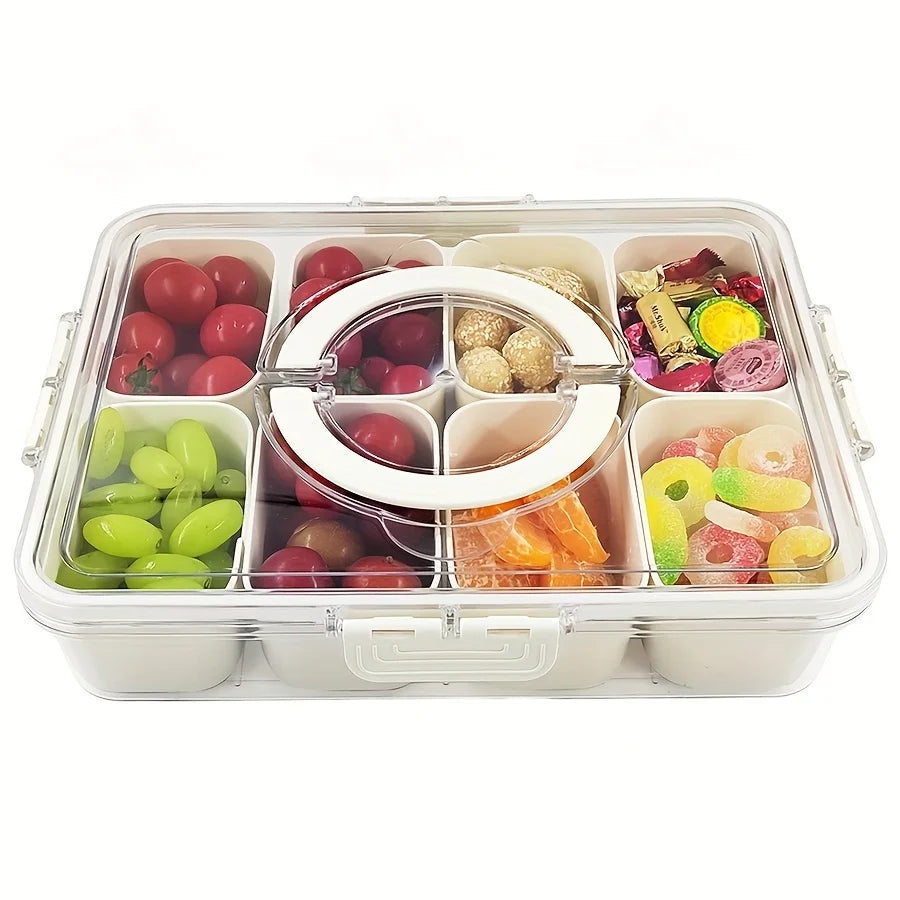 Divided Rotating Snack Tray with Lid for Fruit, Veggies, or Charcuterie