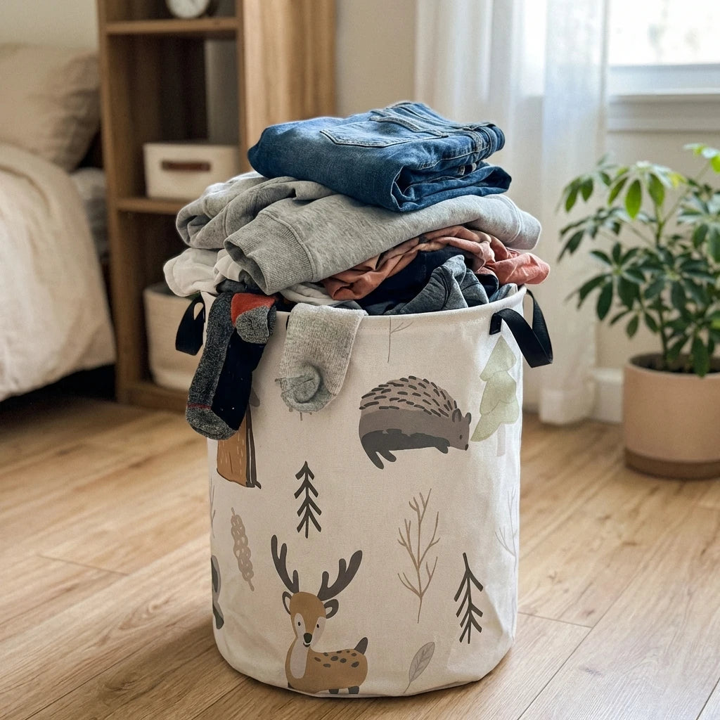 woodland animal laundry basket holding clothes in a sunlit bedroom with plants