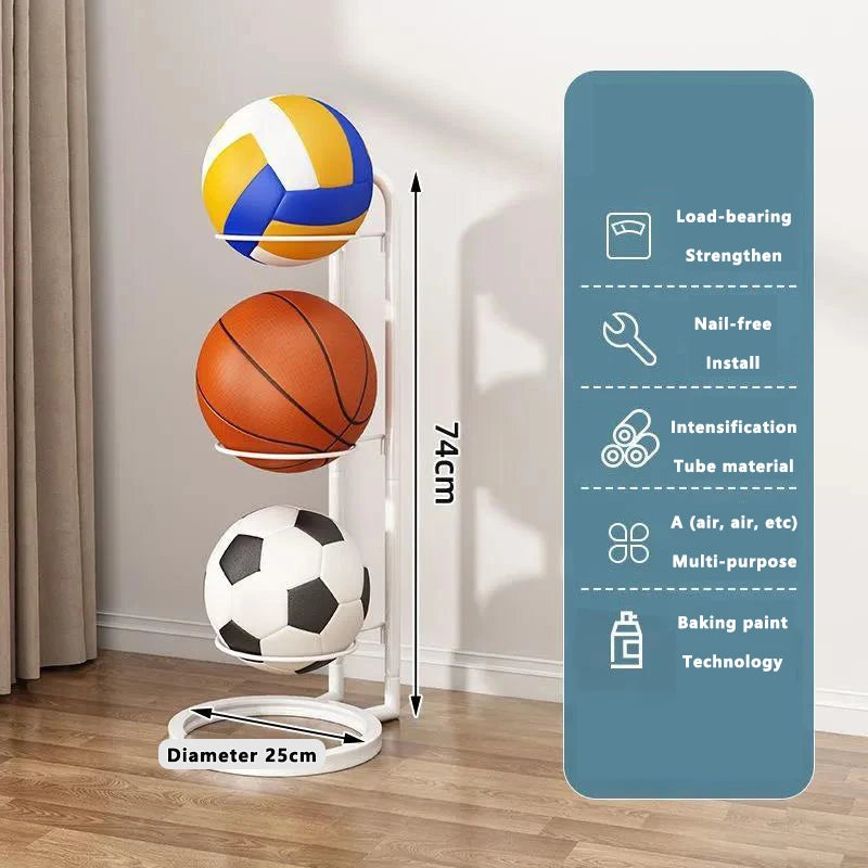 Freestanding Multi-Layer Ball Storage Rack for Basketball, Soccer & Volleyball – Black or White Carbon Steel Organizer for Bedroom