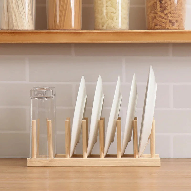 Wooden Plate and Dish Rack Kitchen Organizer