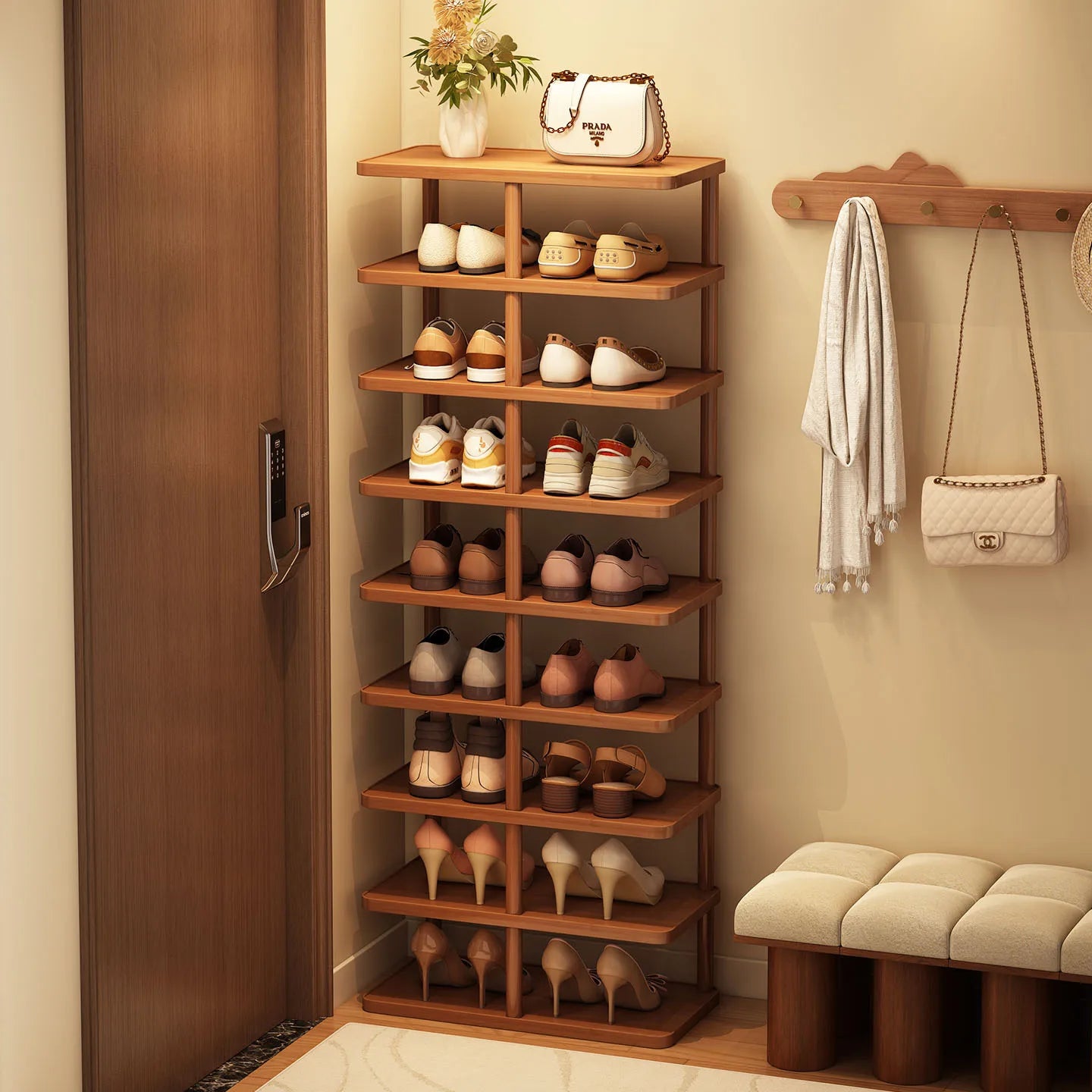 Full view of tall bamboo shoe rack holding shoes by an entry door