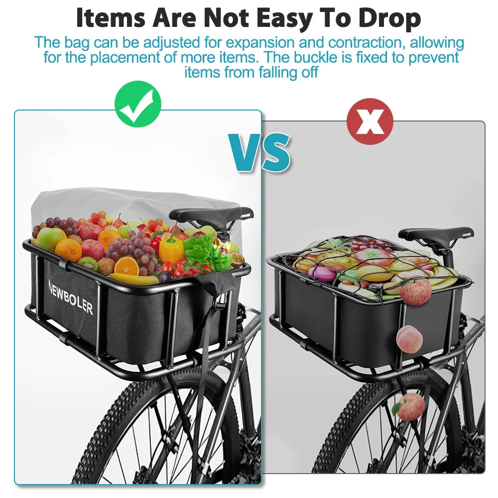 Comparison showing bike basket with an adjustable bag keeping groceries secure vs. open basket with fruit falling out