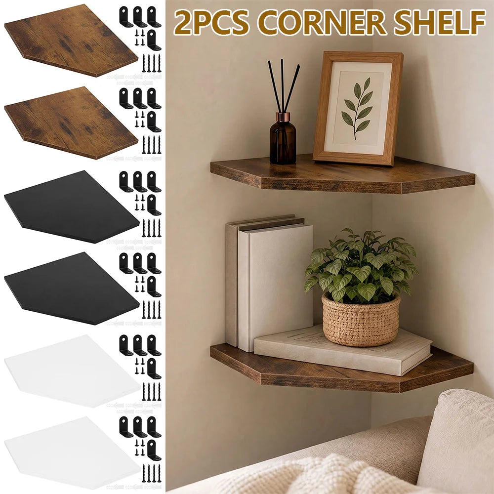 2-piece polygonal wooden floating corner shelves available in brown, black, or white shown with brackets and installation hardware; shelves styled with books, framed photo, and a plant in a living room corner