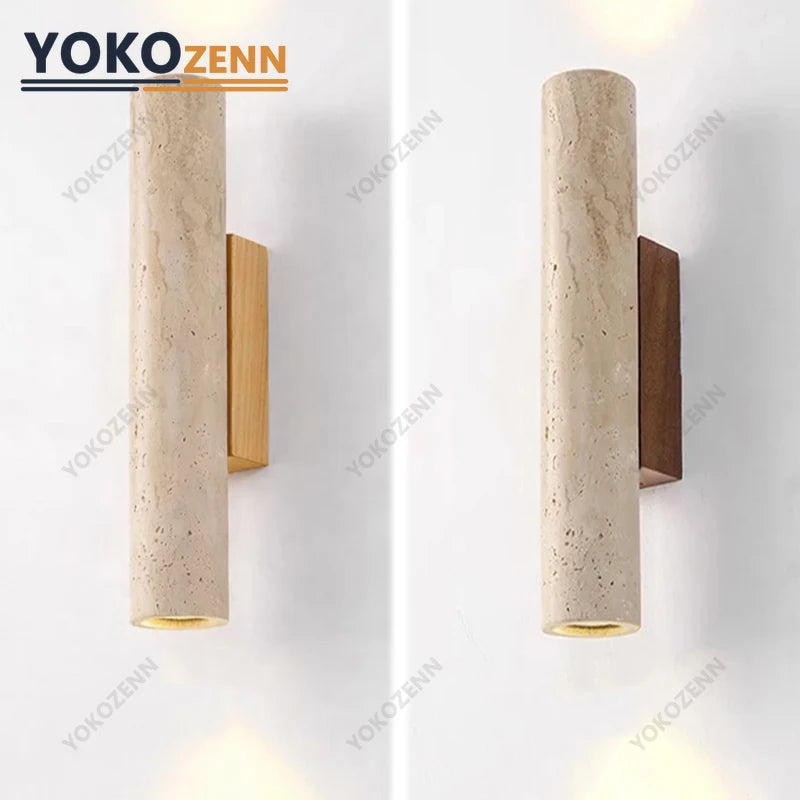 Travertine and wood wall sconces in log and walnut backplate styles side by side