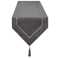 solid gray linen table runner with white stitched border and tassel end