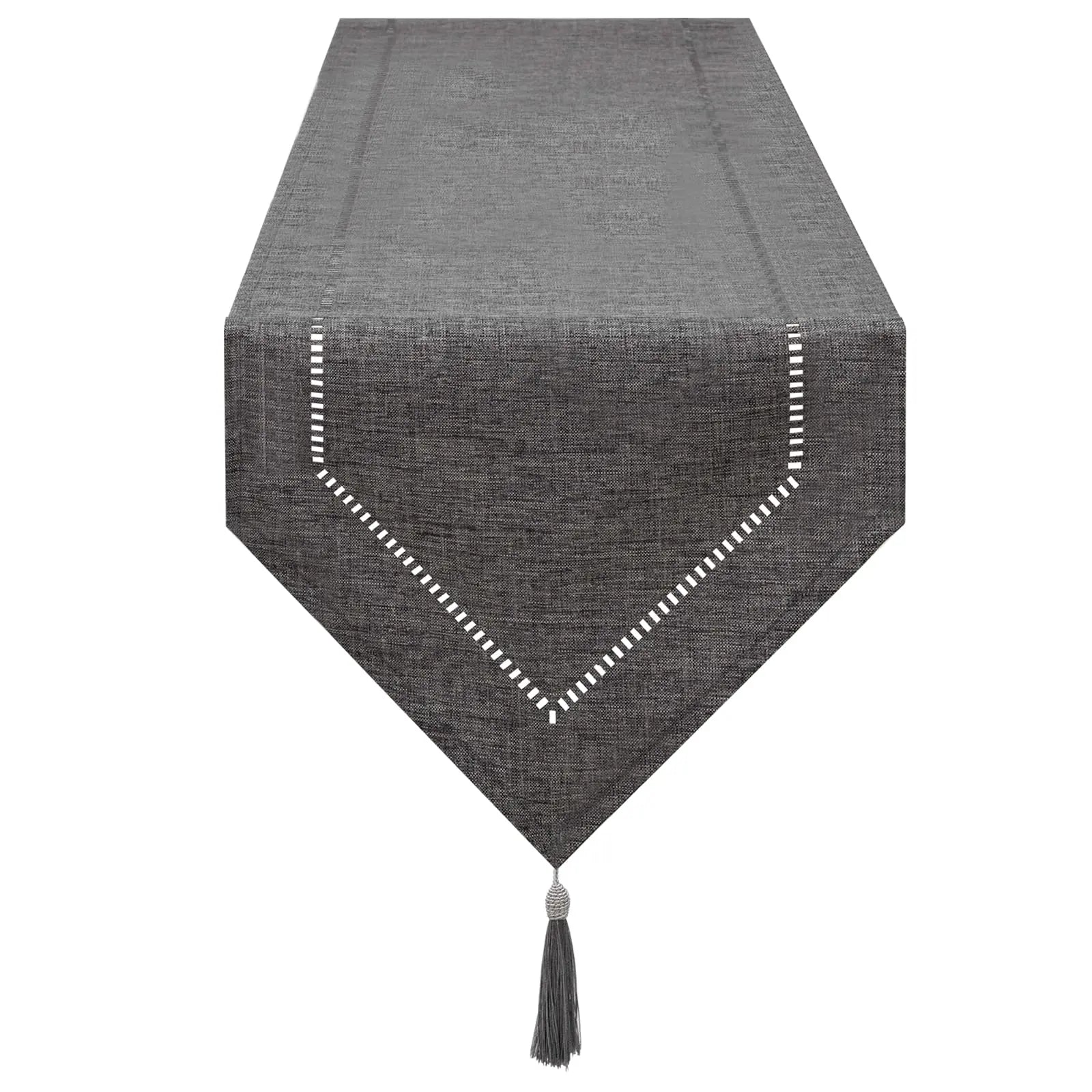 solid gray linen table runner with white stitched border and tassel end