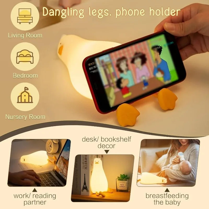 Duck night lamp holding a phone with icons for bedroom, living room, nursery, and uses as decor or for reading