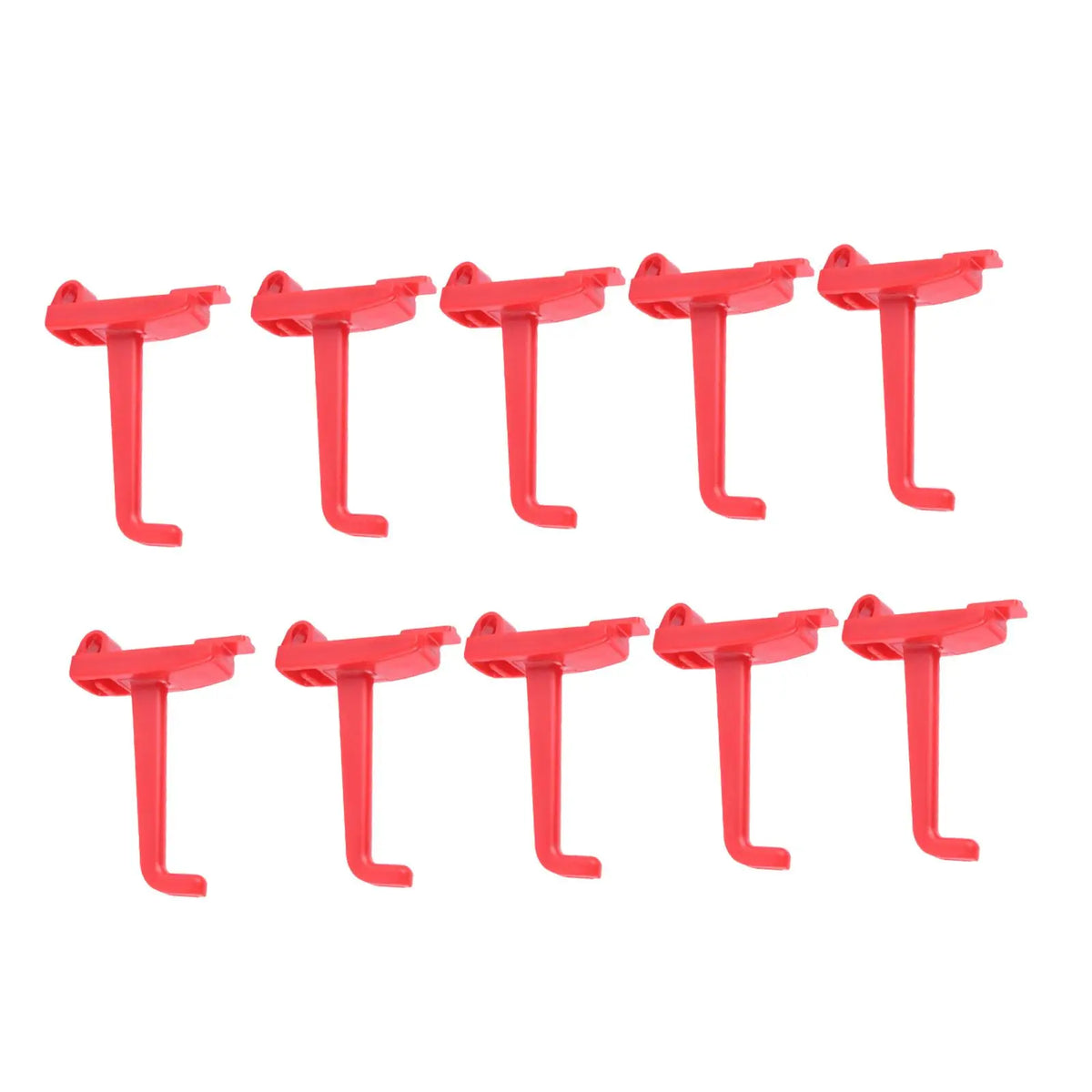 Set of 10 red pegboard tool hooks arranged in two rows