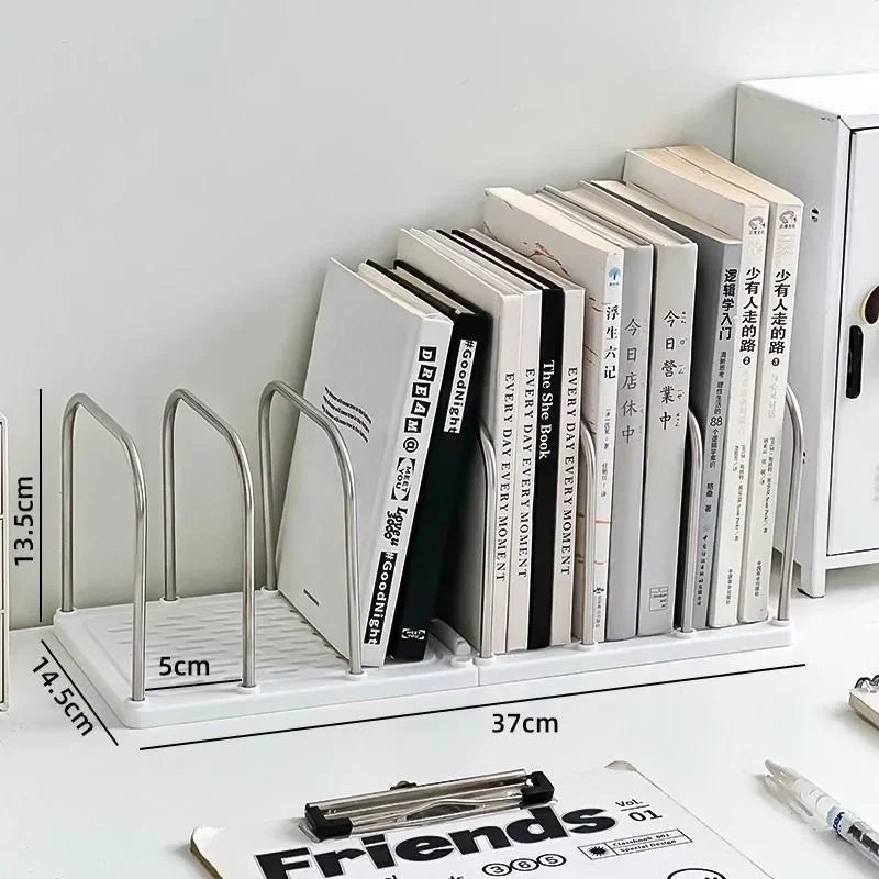 Side view of white bookshelf organizer showing books placed upright, with dimensions displayed