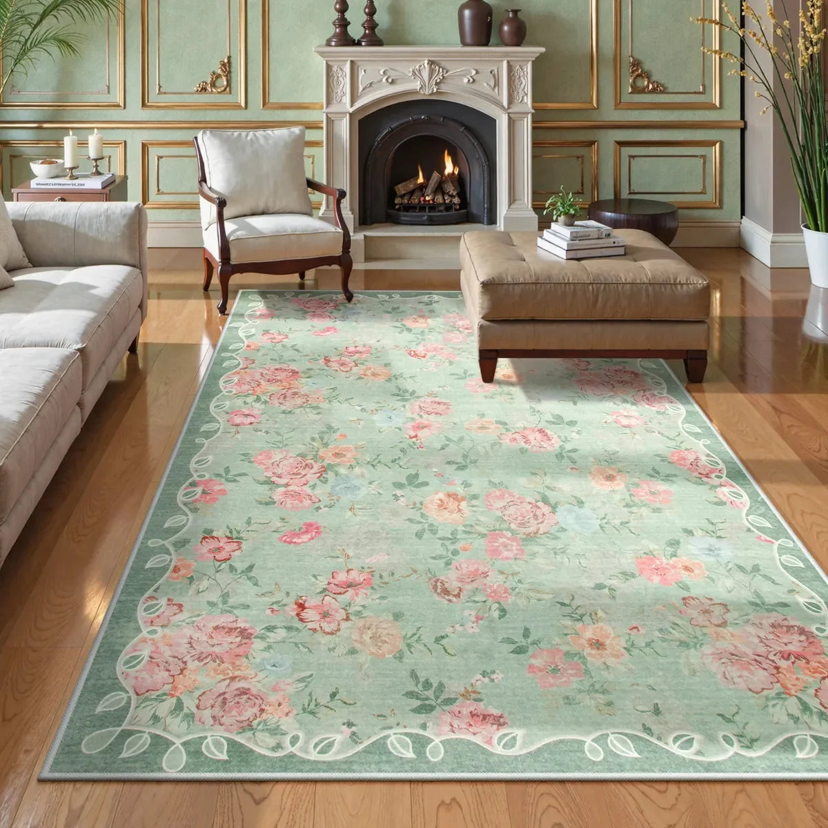 Green vintage floral area rug in a wood-paneled room with fireplace