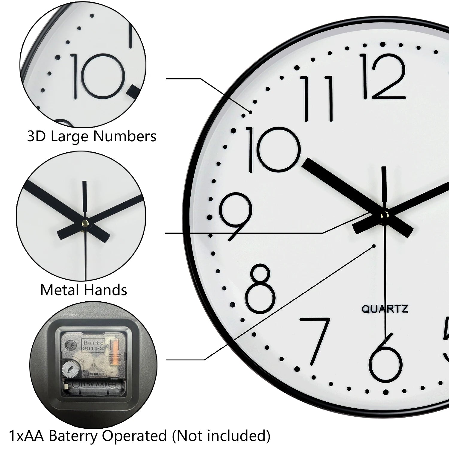 Close-up of wall clock showing 3D numbers, metal hands, and battery compartment