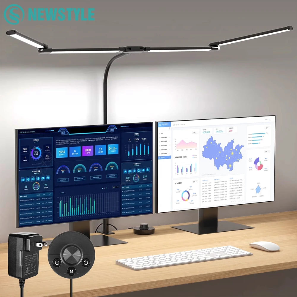 Ultra-wide 4-head LED clamp desk lamp lighting dual monitors on a home office desk