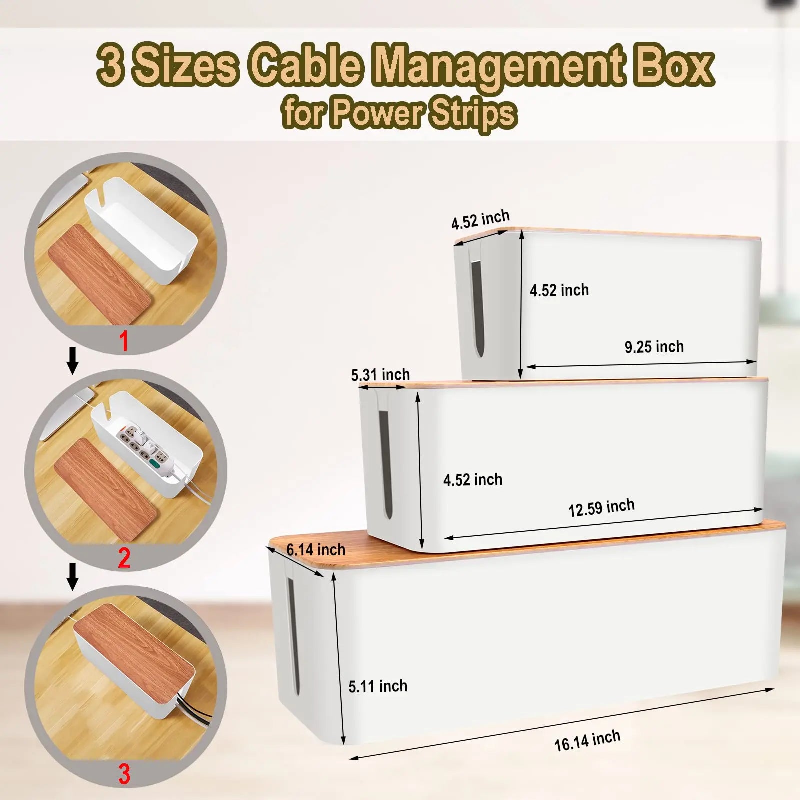 Three white cable organizer boxes with wood grain lids stacked by size, with size labels and diagram