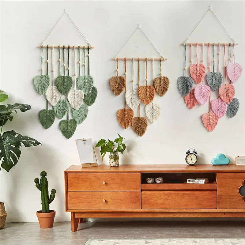 Willow Leaf Macrame Wall Hanging in Green or Brown – Woven Cotton Tapestry for Bedroom, Living Room, or Nursery