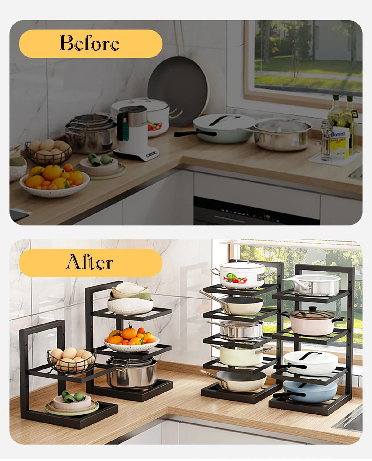 Adjustable Steel Pot and Pan Rack for Cabinets or Countertops